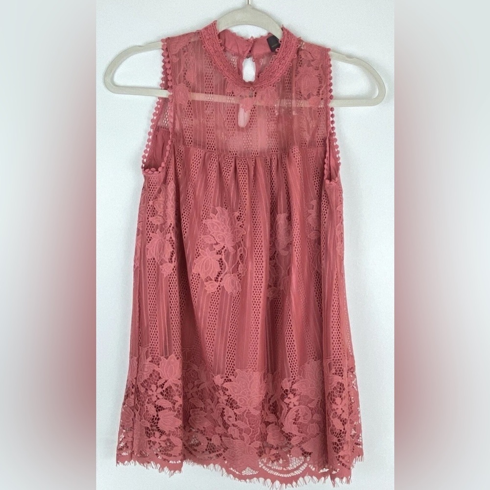 Worthington Blouse High Neck Lace Sheer Mauve Pink Chic Lace Sleeveless Small